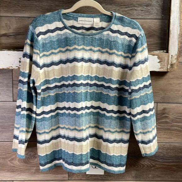 ALFRED DUNNER Womens Striped Pullover Open Knit Sweater Size Large Teal - Picture 3 of 5